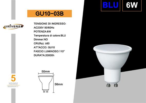 Faretto LED GU10 6W 110° Luce Blu