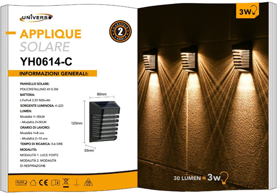 Applique LED 3W con Pannello Solare Luce Calda 3000K IP65