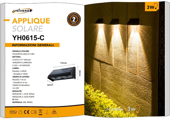 Applique LED 3W con Pannello Solare Luce Calda 3000K IP65