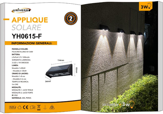 Applique LED 3W con Pannello Solare Luce Fredda 6500K IP65