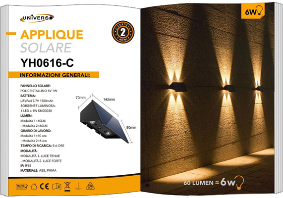 Applique LED 6W con Pannello Solare Doppia Emissione 3000K