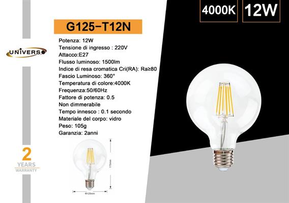 Lampadina LED 12W G125 Attacco E27 Luce Naturale 4000K