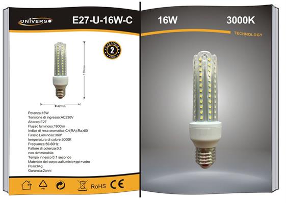 Lampadina Tubo LED 16W Attacco E27 Luce Calda 3000K