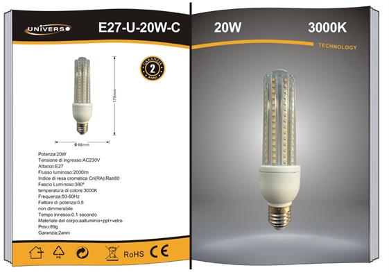 Lampadina Tubo LED 20W Attacco E27 Luce Calda 3000K