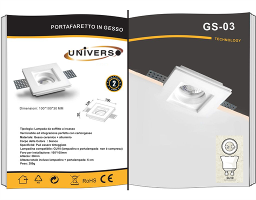 Portafaretto LED Gesso Verniciabile da Incasso Attacco GU10