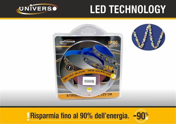 Striscia LED Monocolore SMD2835 12V Luce Naturale 4000K IP20 5mt