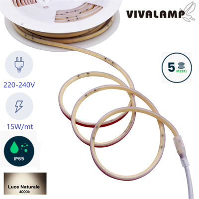 Striscia LED Adesiva COB 5 Metri 15W/mt 220V 4200K IP65