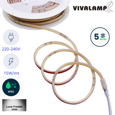 Striscia LED Adesiva COB 5 Metri 15W/mt 220V 6400K IP65