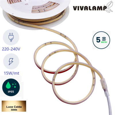 Striscia LED Adesiva COB 5 Metri 15W/mt 220V 3000K IP65